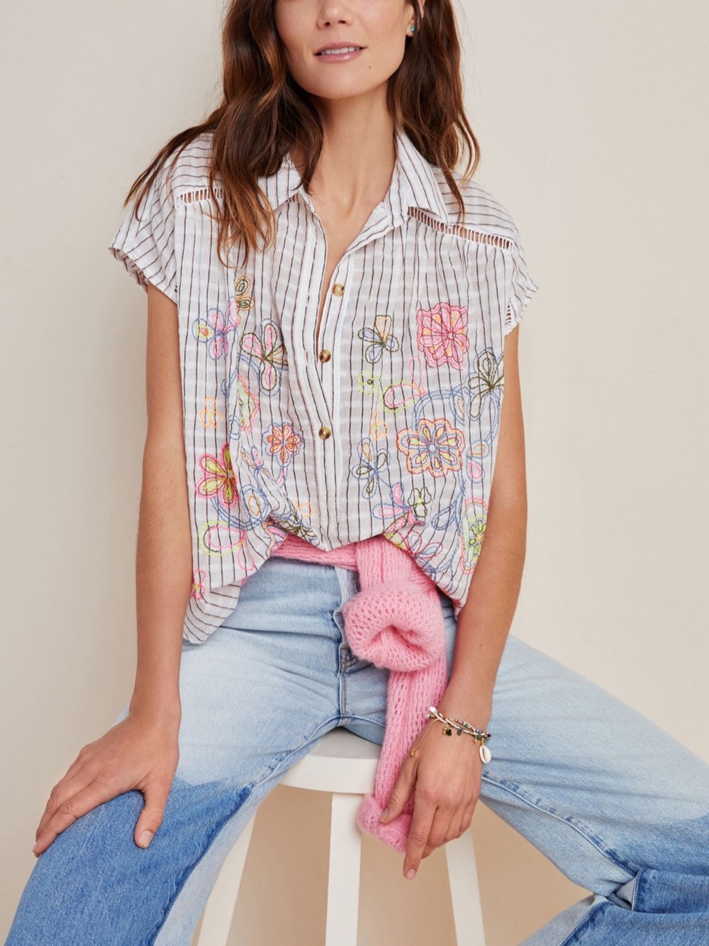 Pilcro White Pinstripe Button Front Blouse with Multicolor Floral Embroidery - Picture 2 of 5